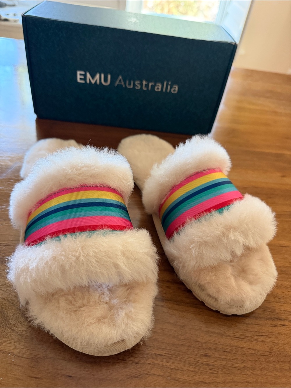 Emu Australia Cream Shearling Slide Slippers with Rainbow Stripe